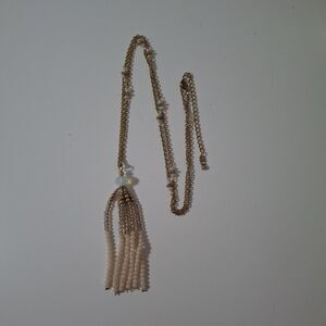 Long Gold Tone Pink Small Mini Beaded Tassel Y Drop Lariat Necklace Bohemian